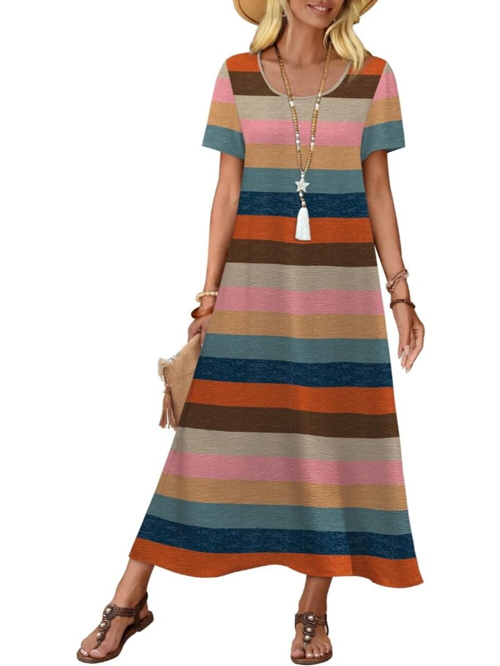 Women Dress MIDI Colorful Polyester Crew Neck Short Sleeve Lightweight  Summer